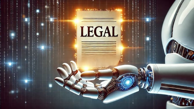 A futuristic robotic hand holding a glowing legal document, symbolizing AI-generated content